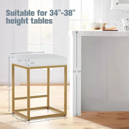 Vista 2 de Juego de 2 taburetes de bar de oro blanco para encimera de cocina, 24 pulgadas, sin espalda, modernos y elegantes, taburetes tapizados de piel