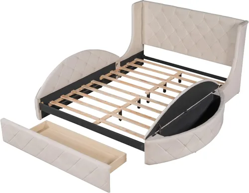 Vista 4 de Cama de plataforma tapizada tamaño Queen, muebles de dormitorio, marco de cama de madera de pino con cajón, taburetes de almacenamiento laterales