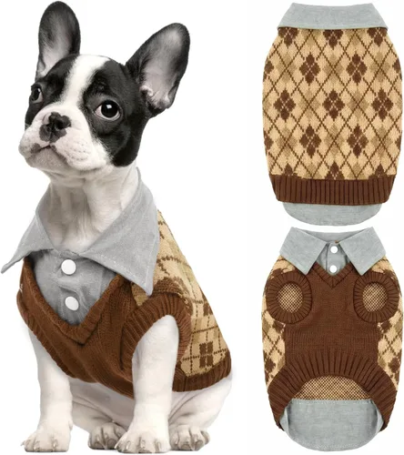 Vista 8 de Kuoser Suéter para Perro Suéter a Cuadros para Perro con Agujero para Arnés, Diseño Polo Tejido para Cachorro Suéter de Otoño e Invierno para Perros