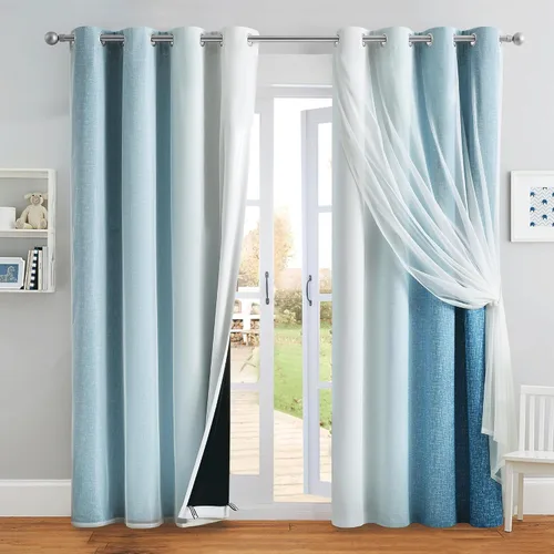 Vista 32 de Cortinas 100% opacas con superposición de gasa Mix and Match de doble capa, 54 pulgadas de largo, 2 paneles para dormitorio y sala de estar, azul