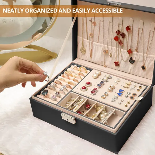 Vista 3 de Joyeros para mujeres y niñas, 2 capas de cuero, organizador de joyas con cerradura, bandeja extraíble para collar, aretes, anillo con paño de pulido
