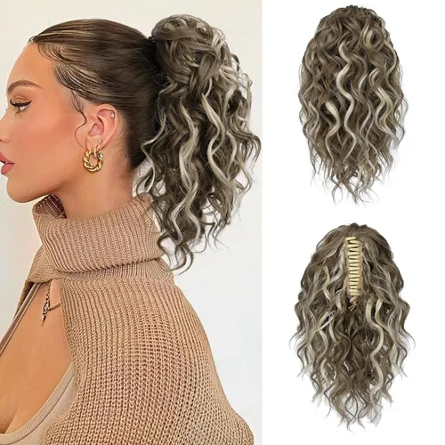 Vista 8 de Flufymooz Extensión de cola de caballo, extensión de cola de caballo corta de 12 pulgadas con pinza de garra, cabello ondulado rizado, clip
