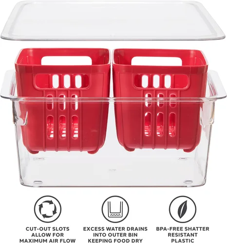 Vista 4 de Oggi Contenedor de bayas para nevera, canasta de doble colador, contenedores ideales para refrigerador, incluye inserto de colador de bayas