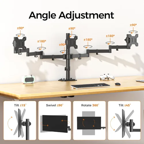 Vista 4 de Suptek Soporte de escritorio triple para monitor LED LCD, soporte resistente totalmente ajustable para 3 / tres pantallas de hasta 27 pulgadas
