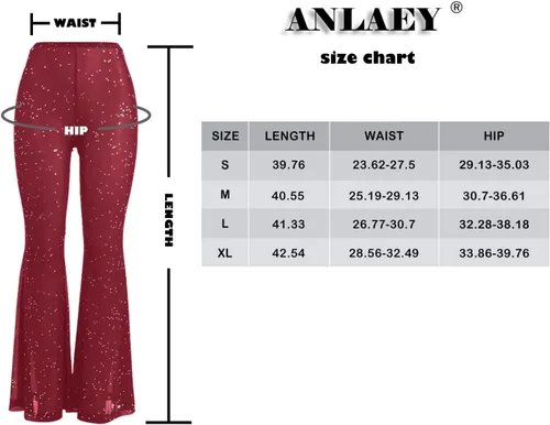 Vista 7 de Anlaey Pantalones de baile de malla transparente para rave, con lentejuelas brillantes, acampanados, cintura alta, para festivales, clubes, trajes