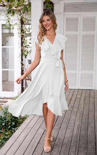 Vista 7 de PRETTYGARDEN - Verano 2024, vestido cruzado por debajo de la rodilla para mujer, con cuello en V profundo, estilo bohemio, floral, manga corta