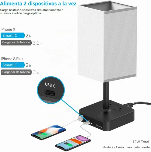 Vista 3 de Lámpara de mesa de noche con control táctil y puertos de carga USB C+A, lámpara de escritorio LED con 2 salidas de CA, luz minimalista para mesita