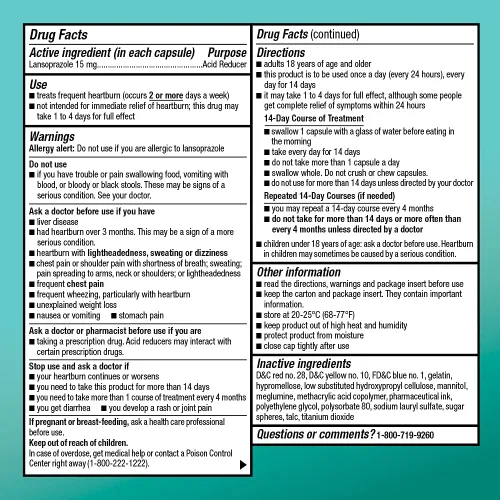 Vista 5 de Amazon Basic Care Lansoprazol Cápsulas de liberación retardada, 15 mg, trata la acidez estomacal frecuente, 14