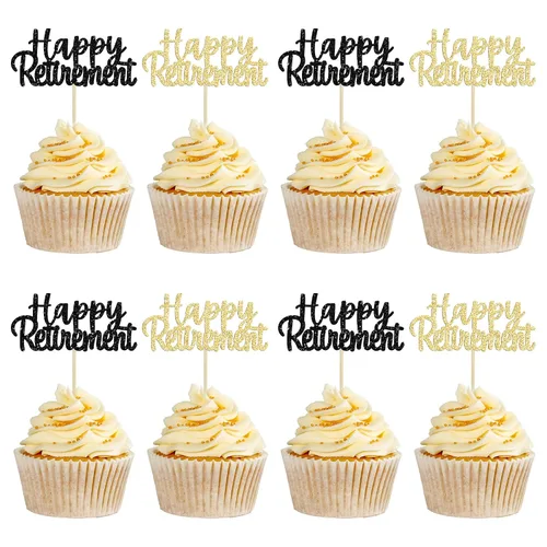 Vista 9 de Gyufise Decoración negra para cupcakes con purpurina para jubilados, decoración de pasteles para fiestas de jubilación, paquete de 36