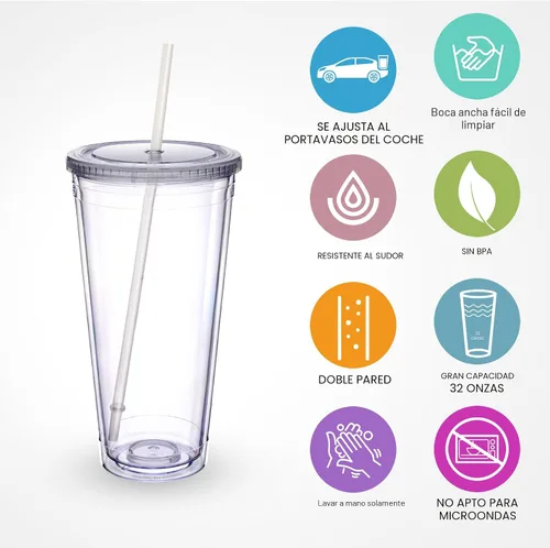 Vista 2 de Zukro Vaso acrílico transparente con pajita y tapa de 32 oz, vaso de plástico reutilizable aislado de doble pared para café helado, vaso para llevar