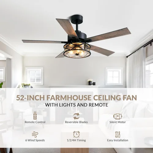 Vista 2 de Ventilador de techo de granja con luces de 52 pulgadas enjaulado Bubble glass shade farmhouse fandelier with walnut blades, quiet DC motor