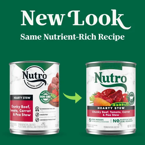 Vista 2 de Nutro Hearty Stew - Alimento húmedo natural sin granos para perros adultos, trozos en salsa, estofado abundante de res, tomate, zanahoria