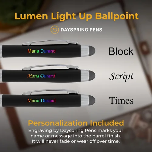 Vista 3 de Dayspring Pens Lumen Light-Up - Bolígrafo grabado con lápiz capacitivo, negro, grabado iluminado con pantalla de luz multicolor, acción de clic