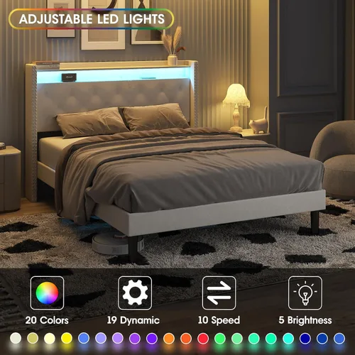 Vista 4 de Vabches Base de cama de tamaño matrimonial con cabecera LED, plataforma tapizada de terciopelo con luces y estación de carga, cabecera