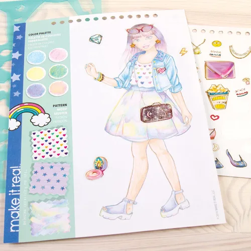Vista 6 de Cuaderno de bocetos de diseño de moda para niñas – Kit de sueños digital con 110 calcomanías, plantillas, guía de diseño – Moda inspirada en emojis