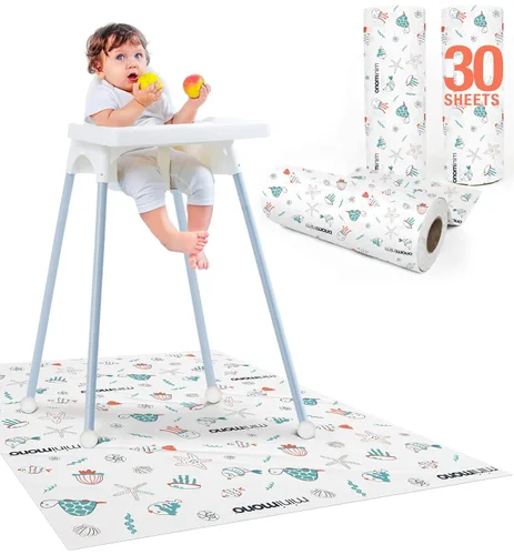 Vista 11 de Minimono Tapete de salpicaduras para bebé debajo de la silla alta – 30 alfombrillas desechables e impermeables – 40 x 47 pulgadas tapete