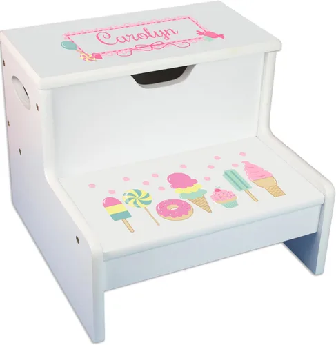 Vista 10 de Taburete para niños con guirnalda floral rosa y gris con almacenamiento (guirnalda de mariposas brillantes)