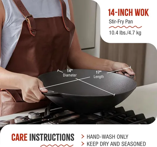 Vista 6 de Victoria Wok de hierro fundido con asas de bucle, fabricado en Colombia, 14 pulgadas