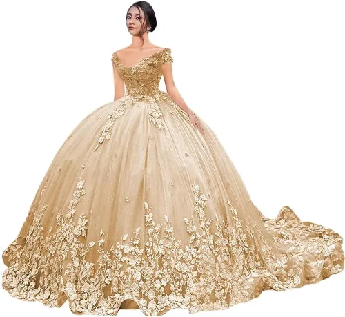 Vista 6 de Mouccy Lujo fuera del hombro vestidos de quinceañera vestido de bola hinchado largo vestidos de baile con tren tul dulce 15 16 vestidos XXF035