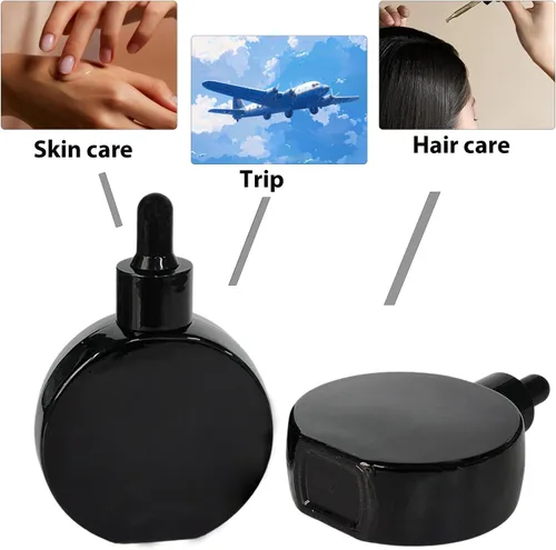 Vista 6 de Botellas transparentes con cuentagotas de 2 onzas, 6 botellas de vidrio plano redondas transparentes con cuentagotas para ojos, para sueros de Negro