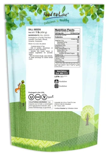 Vista 2 de Food to Live - Semillas de eneldo enteras, 1 libra Kosher, crudas, veganas, a granel