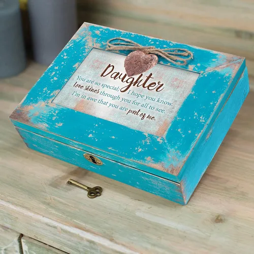 Vista 6 de Cottage Garden Daughter So Special Love Shines Teal Distressed Jewelry - Caja de música con texto en inglés "Plays You Light Up My Life