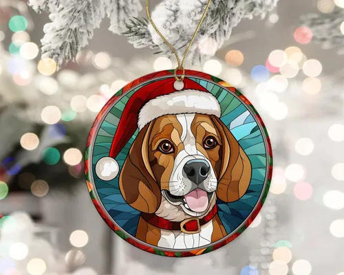 Vista 2 de Beagle - Adorno de cerámica con vitrales de Navidad, adorno colgante para árbol de Navidad, regalo religioso para cristianos impreso en ambos lados