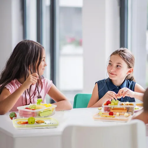 Vista 13 de Paquete de 4 recipientes de plástico para aperitivos con tapas, contenedor de alimentos de 2 compartimentos para caja de aperitivos para niños