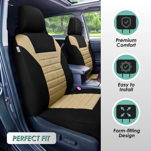 Vista 2 de TLH - Fundas de asiento de tela de malla de aire 3D color beige, ajuste universal para coches, camiones, SUV - Solo para asientos delanteros