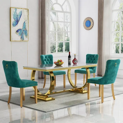 Vista 27 de HomVent Juego de mesa de comedor moderna de mármol sintético para 4 personas, mesa de cocina rectangular con 4 sillas beige (dorado)
