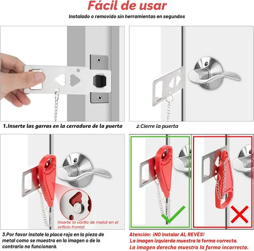 Vista 4 de AceMining Cerradura de puerta portátil para seguridad en el hogar, cerradura de puerta de viaje, cerraduras de bloqueo de viaje para mayor seguridad