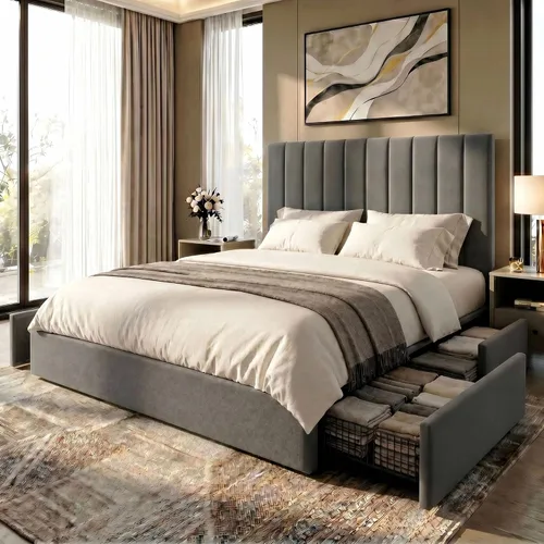 Vista 14 de SHA CERLIN Base de cama de plataforma tamaño matrimonial con 4 cajones de almacenamiento, cabecera acolchada vertical con diseño acanalado
