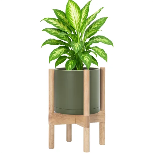 Vista 28 de Maceta de D'vine Dev con soporte - Maceta de flores de cilindro de plástico de 8.0 pulgadas con soporte de madera para interiores, maceta mate negra