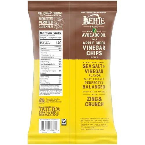 Vista 3 de Kettle Brand Fabricado con chips de vinagre de sidra de manzana y aceite de aguacate, bolsa de 6 onzas