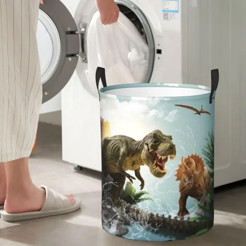 Vista 7 de Cesta de lavandería de dinosaurio 3D con asa duradera, impermeable, plegable, cesta de almacenamiento de ropa sucia circular para baño, dormitorio