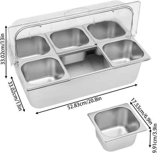 Vista 8 de Recipiente de exhibición de alimentos para encimera con tapa transparente, bandeja de servir de acero inoxidable, suministros de catering