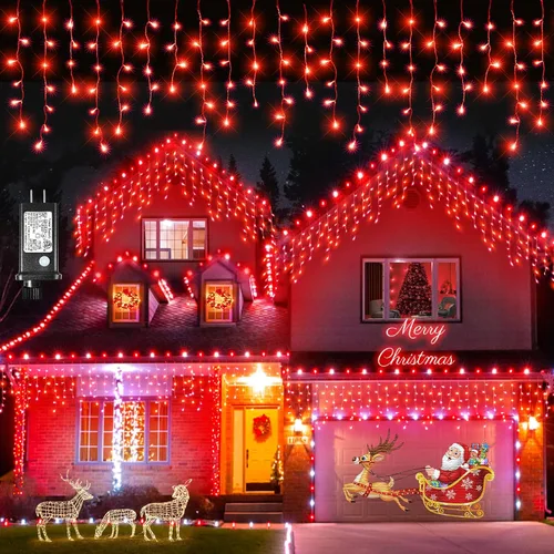 Vista 8 de Luces de carámbano para exteriores, 16.5 pies, 200 luces LED de Navidad para exteriores con 8 modos, impermeables, conectables, tira de luces