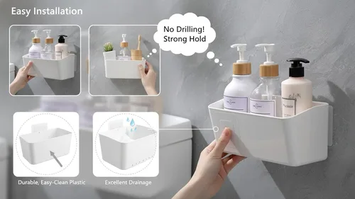 Vista 7 de Estante de baño, estante adhesivo para ducha, organizador de baño, sin taladro, cesta de ducha de plástico, estante de almacenamiento blanco