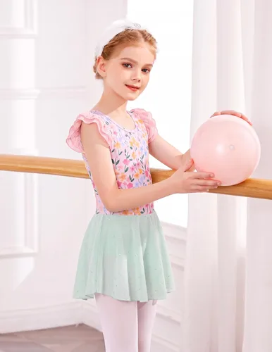 Vista 3 de Arshiner - Malla de ballet con mangas de volantes brillantes y falda con espalda cruzada para niñas Floral rosa aguamarina