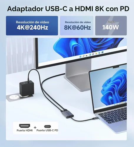 Vista 2 de Cable Matters Adaptador USB C a HDMI 2.1 de 48 Gbps con carga de 140 W