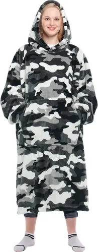 Vista 13 de Waitu - Sudadera tipo manta, para regalar a hombre o mujer, muy cálida y acogedora, gigantesca, con capucha, de gruesa franela, con mangas y un Negro