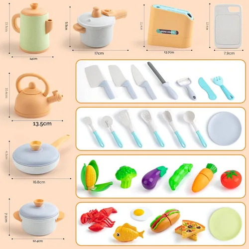 Vista 6 de Accesorios de cocina de juguete para niños, 42 piezas de juego de cocina para niños pequeños, juego de cocina con ollas y sartenes a presión, juego