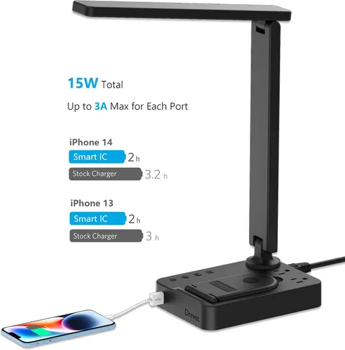Vista 3 de Drevet Lámpara de escritorio LED con cargador inalámbrico, luz de mesa de escritorio con puerto de carga USB y 2 tomas de corriente, 3 modos