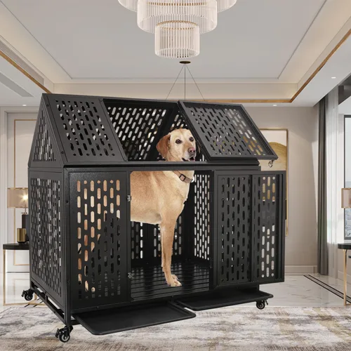 Vista 7 de Jaula indestructible para perros de 44 pulgadas, resistente y de alta ansiedad, a prueba de golpes, jaula de techo puntiaguda de metal para perros