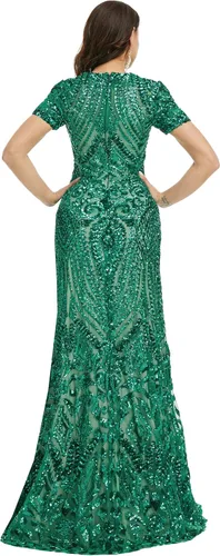 Vista 4 de Vestido de noche de sirena con lentejuelas de manga corta para mujer