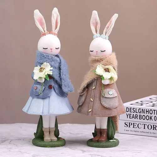 Vista 3 de Lindas figuras de resina de conejita con bufanda, estilo de dibujos animados, estatuas coleccionables, decoraciones de escritorio, decoración