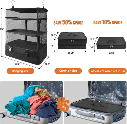 Vista 4 de Caroeas Estantes de viaje colgantes portátiles, bolsa organizadora de maleta, cubos de equipaje de mano para viajes, maleta de 4 estantes con 2