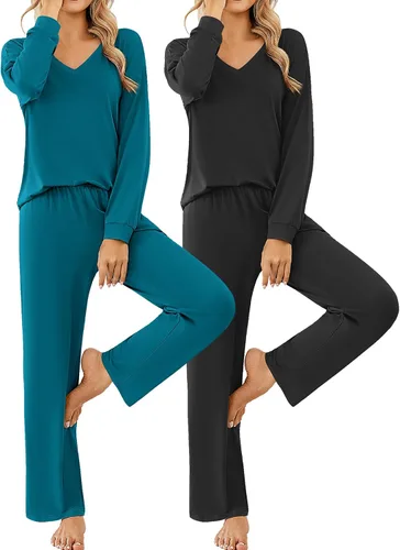 Vista 15 de Ekouaer Conjunto de 2 pijamas para mujer, pijamas de manga larga con camiseta y pantalones, cuello en V, pijamas suaves con bolsillos, ropa