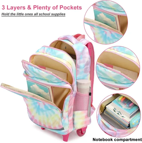 Vista 3 de CAMTOP Mochila con ruedas para niñas, bolsa de viaje con ruedas, mochila de equipaje con ruedas, Rosado Tie Dye
