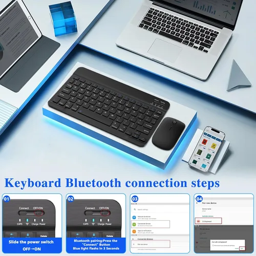 Vista 10 de Combo de teclado y mouse Bluetooth, diseño QWERTY, teclado inalámbrico ultradelgado de 10 pulgadas, sin retrasos, teclado silencioso compatible